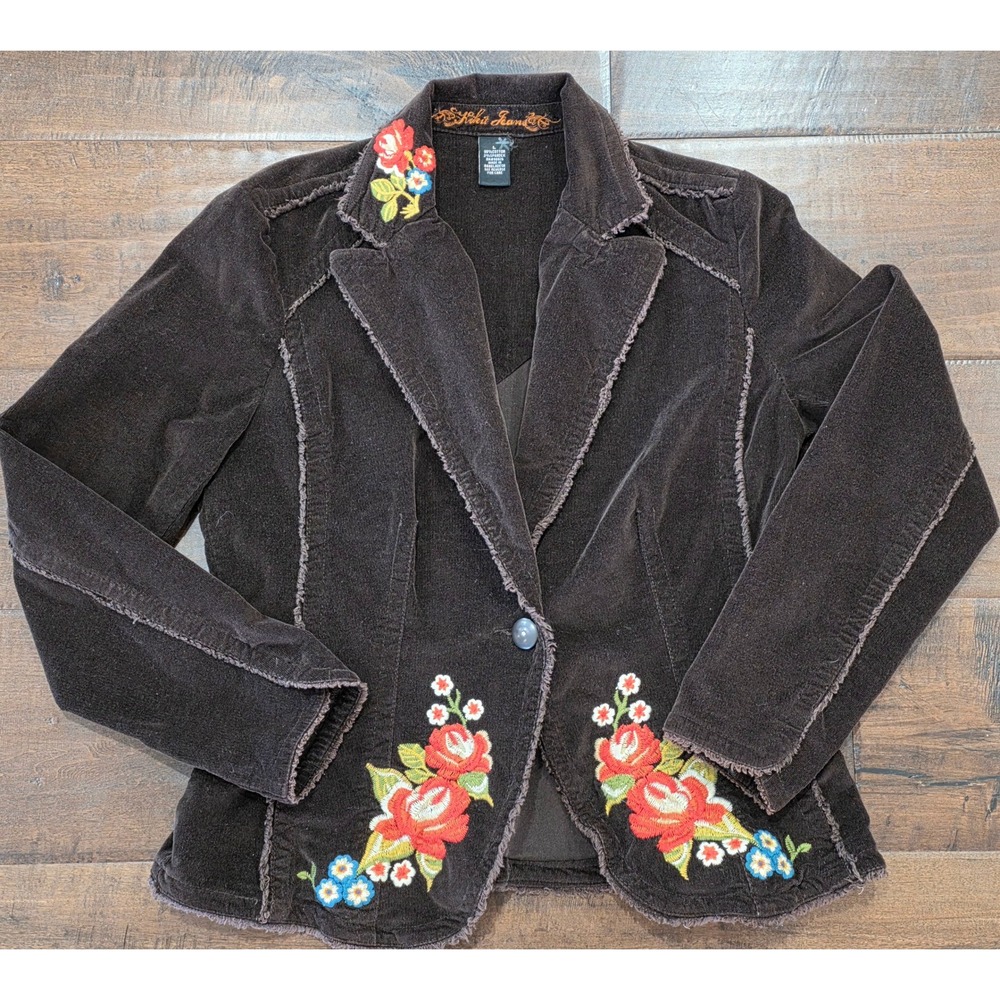 Y2K Boho Western Whimsigoth Brown Velvet Brush Floral Embroidered Blazer L